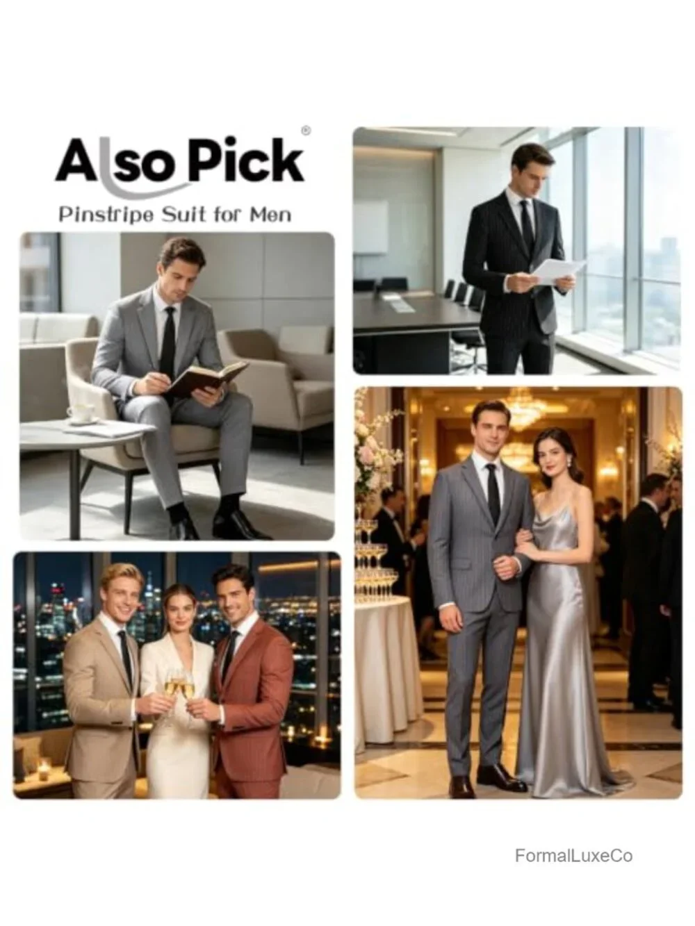 Men's Pinstripe 2 Piece Suit Slim Fit Tuxedo Casual Dress Set for Business